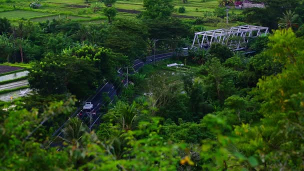 Vie Insulaire Bali Circulation Sur Route Dessus Pont Avec Terrasses — Video