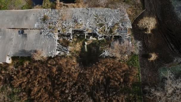 破壊された牛小屋と爆発クレーターの空中ショット ウクライナの本当の戦争 — ストック動画