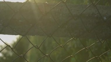 Güneşin altındaki demir çit mavi gökyüzüne karşı ve parlak güneşe karşı, güzel parlaklıklar veriyor. Dikey