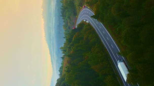 Verticale Drone Schot Van Lading Vrachtwagen Bewegen Een Bergweg Bedekt — Stockvideo