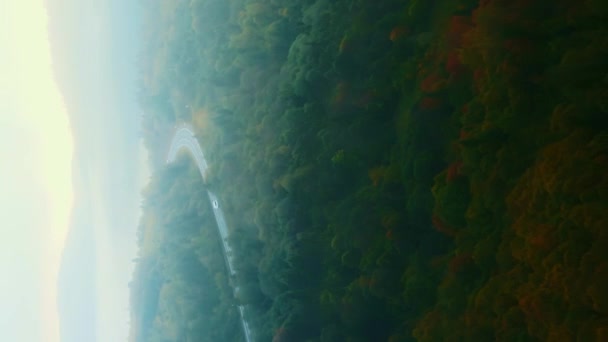 Verticale Humeurige Luchtfoto Van Bergweg Het Omhullen Van Ochtendmist Met — Stockvideo