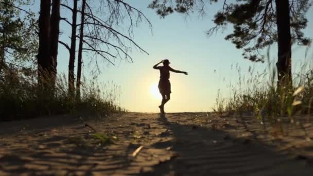 Silueta Chica Romántica Feliz Bailando Sobre Telón Fondo Sol Brillante — Vídeo de stock