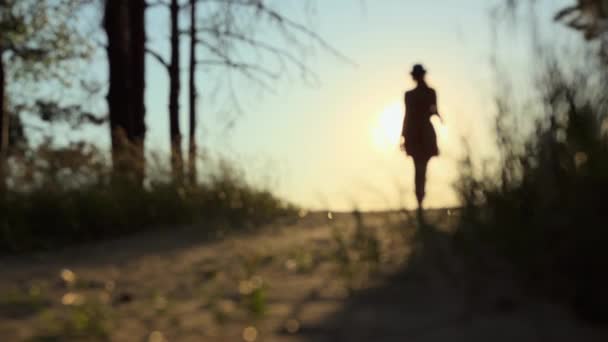 在多风的沙地天气中 在灿烂的太阳背景下 一个女孩的轮廓失去了焦点 — 图库视频影像