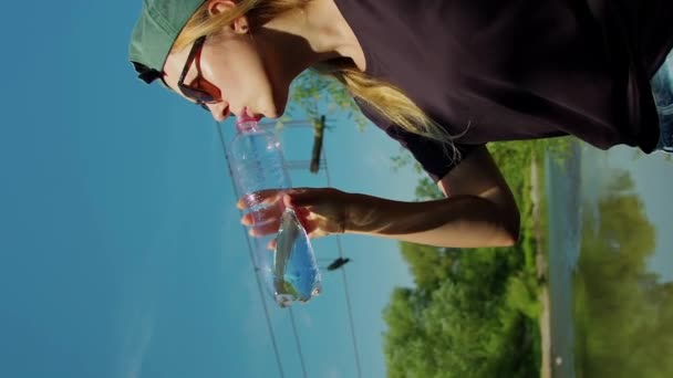 Vertical Tired Hiking Woman Tourist Drinks Water Hiking — Stock Video
