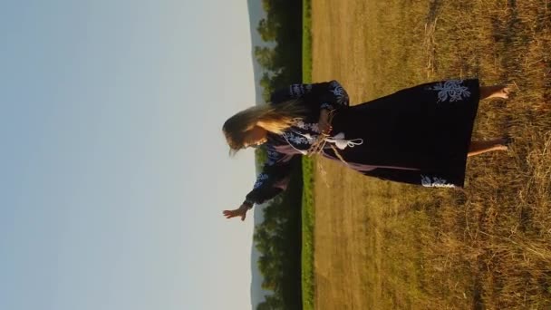 Вертикальный Портрет Молодой Романтичной Женщины Национальной Одежде Стоящей Пшеничном Поле — стоковое видео