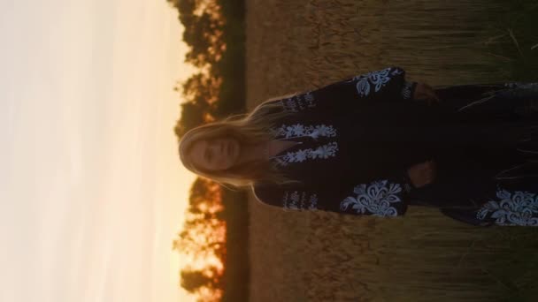 Buğday Tarlasında Dikilen Nakışlı Romantik Ukraynalı Kadının Dikey Portresi — Stok video