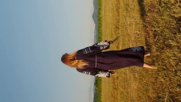 Вертикальный Портрет Украинки Вышивке Национального Платья Гуляющей Пшеничному Полю — стоковое видео