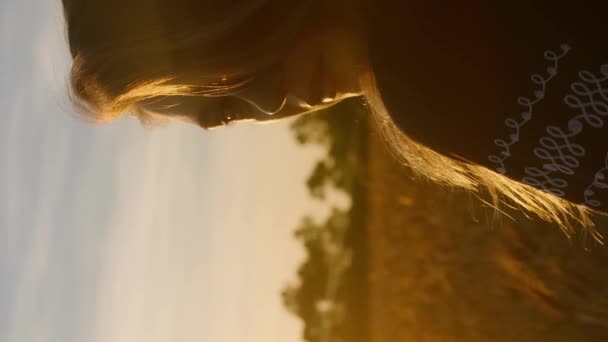 Vertical Beautiful Romantic Village Girl Long Blond Hair Watching Sunset — Stock Video