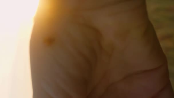 太陽の下の女性の手の垂直ビデオラバッグ — ストック動画