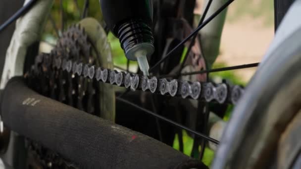 Lubrificação Cadeia Bicicletas Manutenção Bicicletas Oficina Ciclismo — Vídeo de Stock