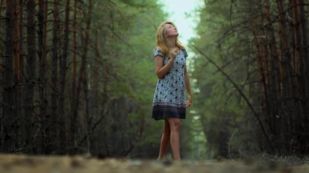 Yazlık Elbisesi Içinde Romantik Bir Kız Ormanda Yürüyor Dışarıda Hayatın — Stok video