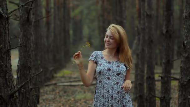 穿着夏日西服的浪漫女孩在森林里散步 享受生活 积极的模特在户外享受生活 — 图库视频影像
