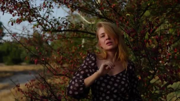 Tender Medelålders Blond Flicka Prick Klänning Poserar Naturen Begreppet Ungdom — Stockvideo
