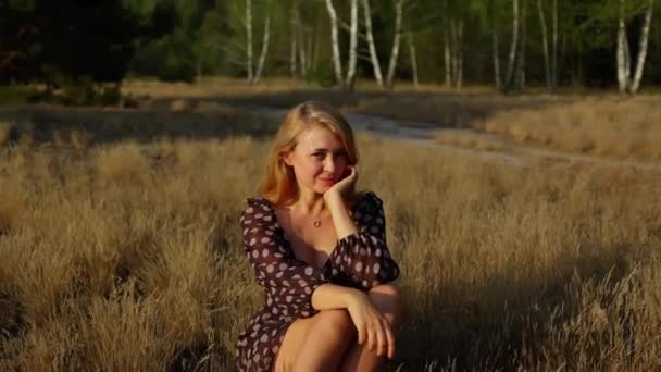 在欧洲的一个白桦林森林里 穿着点缀裙的温柔体贴美丽的姑娘坐在森林的边缘上 端坐着 — 图库视频影像