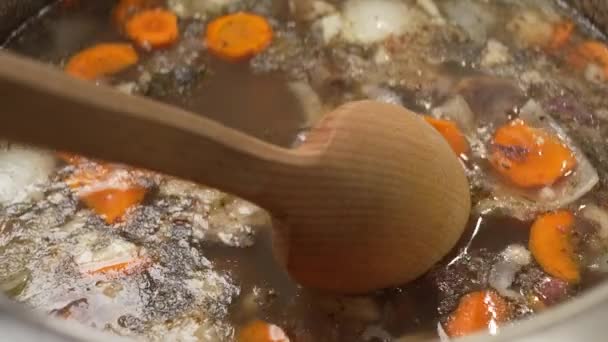 富含脂肪的肉汤是用一个大木勺搅拌的 — 图库视频影像