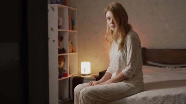 Upset Sick Lonely Girl Pajamas Sitting Sofa Bedroom Sad Look — Stock Video