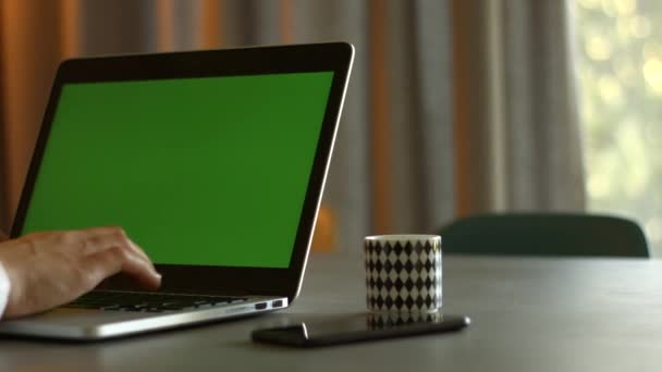 Man Arbetar Bärbar Dator Med Grön Skärm Hög Upplösning Högkvalitativ — Stockvideo
