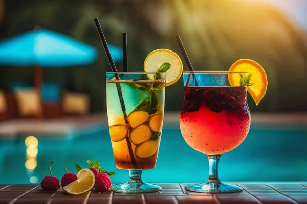 Fresh summer cocktails by a hotel swimming pool . High quality photo