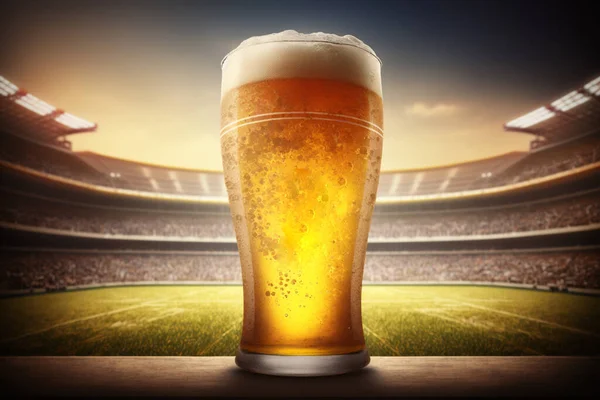 Glass of beer on football stadium background. High quality illustration