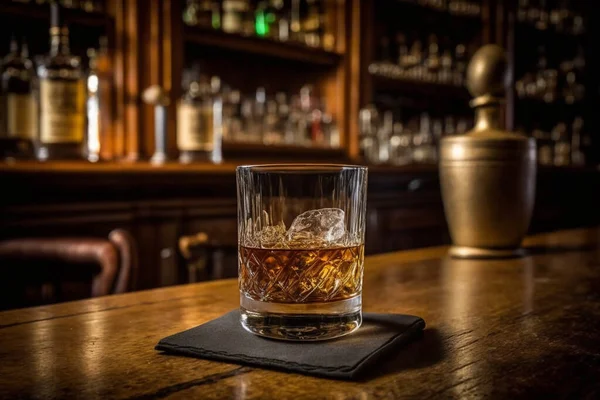 a glass of whiskey on the bar in front of the bar. High quality photo