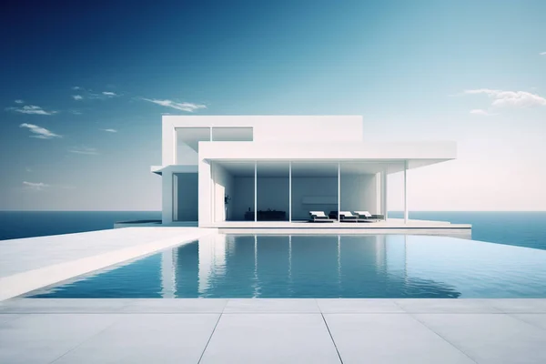 Luxury residential minimalist villa with pool and ocean on horizon. High quality photo