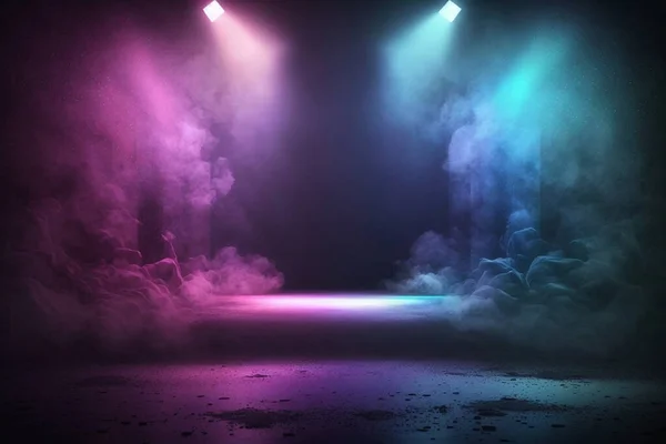 The dark stage shows, empty dark blue, purple, pink background, neon light. High quality photo