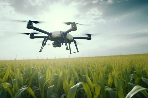 Agriculture drone fly to sprayed fertilizer on the sweet corn fields. High quality photo