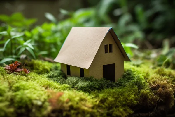 Eco Friendly House - Paper Home On Moss In Garden. High quality photo