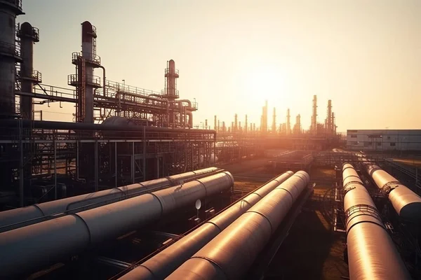 Large industrial gas pipelines in a modern refinery at sunrise. High quality photo