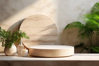 Travertine boş bir podyum. Bitkiler ve havlularla dolu, sürdürülebilir banyo arka planında. Yüksek kalite fotoğraf