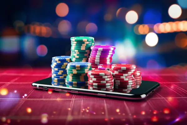 Online casino banner. Smartphone with playing chips on table on blurred neon background with bokeh effect. High quality photo
