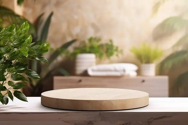 Travertine boş bir podyum. Bitkiler ve havlularla dolu, sürdürülebilir banyo arka planında. Yüksek kalite fotoğraf