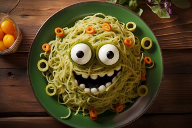 Çocuklar için eğlenceli yemek. Yeşil spagetti canavarının tatlı gülümseyen yüzü. Yüksek kalite fotoğraf