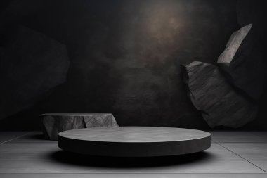 Siyah, koyu ve gri geometrik taş ve kaya şekilli arka plan, podyum gösterisi için minimalist model. Yüksek kalite fotoğraf
