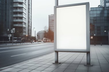 Şehir caddesindeki otobüs durağında dikey beyaz ilan panosu. Arka plandaki binalarda ve yolda. Model yap. Yüksek kalite fotoğraf