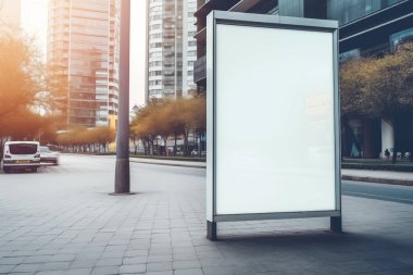 Şehir caddesindeki otobüs durağında dikey beyaz ilan panosu. Arka plandaki binalarda ve yolda. Model yap. Yüksek kalite fotoğraf