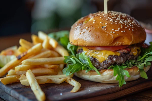 Mouth-watering photo of juicy burger and fries. High quality photo