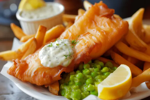 British Traditional Fish and chips with mashed peas, tartar sauce. High quality photo