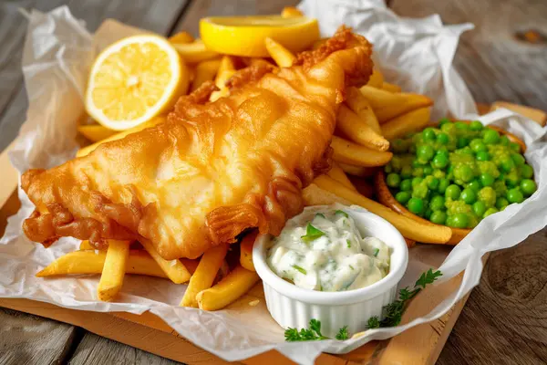 British Traditional Fish and chips with mashed peas, tartar sauce. High quality photo