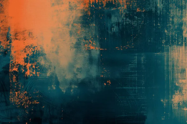 Grunge abstract background. Damaged screen. Orange glitch noise on blue scratched texture with dust. High quality photo