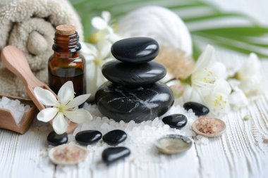 Elzem yağ, kaya ve deniz tuzu şişeleriyle süslenmiş ahşap bir masa. Doğal yemek ve süper yemek yemeklerinde kullanılan malzemeler sergileniyor..