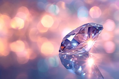 Şehir manzarasına benzeyen bulanık bir arkaplanı olan, masanın üzerindeki elmasın çarpıcı bir yakın çekimi. Parlayan mücevher, sıvı cam yüzeyle çok güzel zıtlaşıyor..