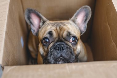 Etçil bir köpek cinsi olan yavru geyik kürkü ve sevimli bıyıkları olan Fransız Bulldog kafasını karton bir kutudan çıkartıyor. Dost köpek olarak bilinen bu Bulldog 'un sevimli bir burnu ve canlı kulakları var.
