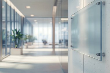 Ofis binasının duvarında bir tabela olan bir koridorun bulanık fotoğrafı, sergilenen eşyalar, cam kapılar ve bitki bitkileri.