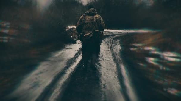 Rückenansicht Eines Soldaten Mit Sturmgewehr Der Einen Schlammigen Feldweg Einem — Stockvideo