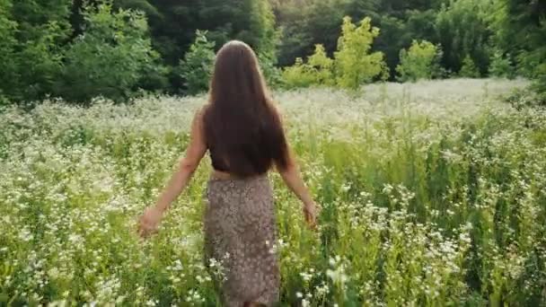 Mutlu Genç Bir Kadın Çiçek Açan Bir Çayırda Yürüyor — Stok video