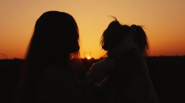 Gün batımında kusan ve sevgili köpeğini çevreleyen genç bir kadının silueti. Doğada bir köpekle yürümek