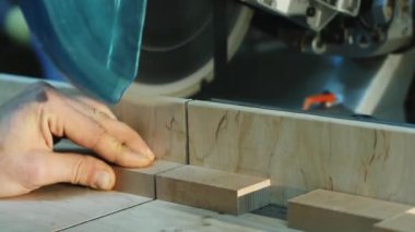 Bir insan eli, yuvarlak testere kullanarak tahta kurusıkı ile çalışır. Odun kesme işlemi bıçağın dönüşünü ve işin hassasiyetini gösteriyor.