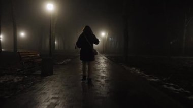 Gece eve dönen kadın sisli şehir parkından gece geçiyor.