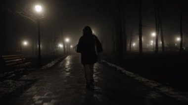Bir kadın figürünün yürüdüğü yolu aydınlatan lambalar olan karanlık bir sokak. Bir sonbahar akşamı, yoğun sis manzaraya gizem ve gizem ekler.